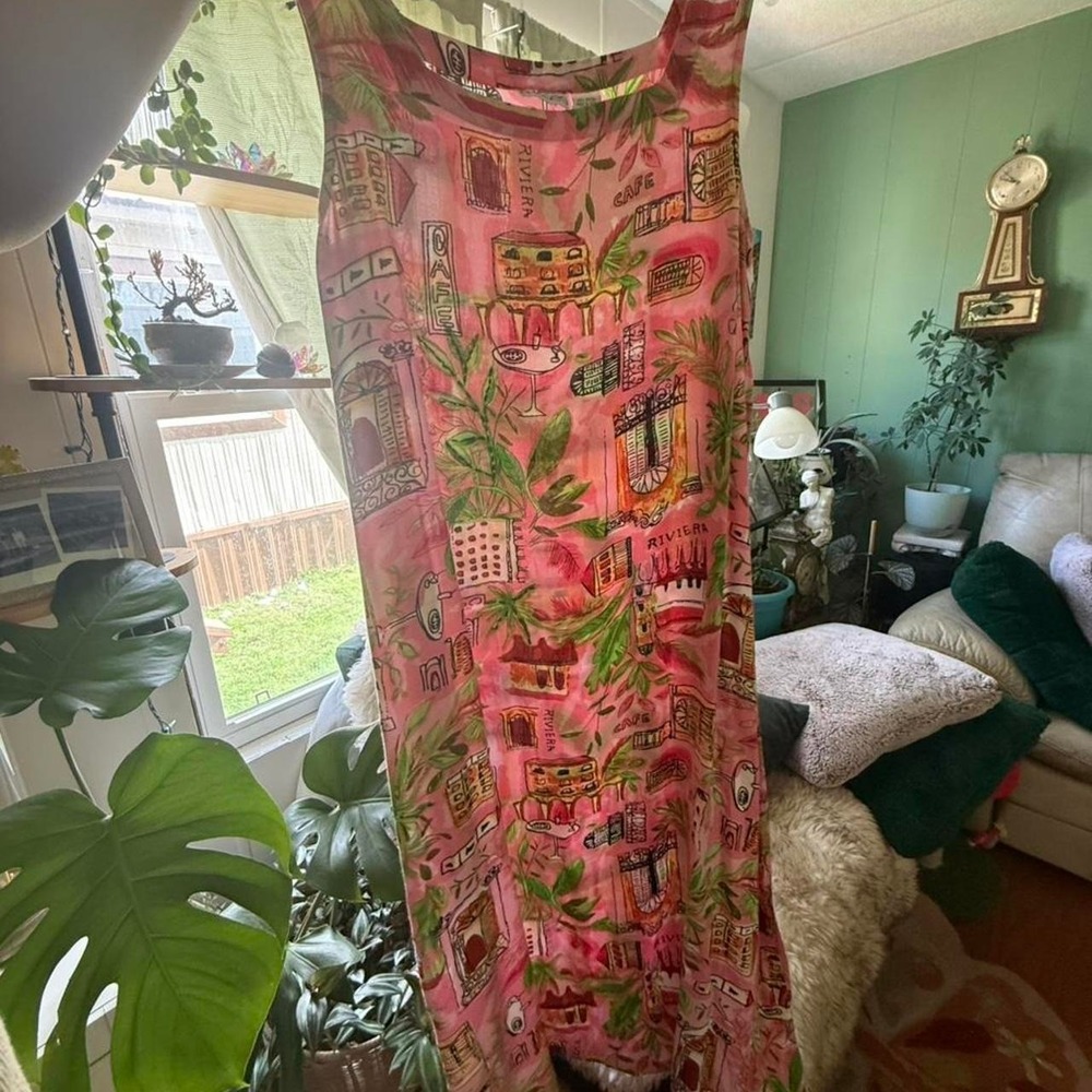 Vintage 90s PHASES Parisian Riviera Cafe Novelty Print Maxi Dress